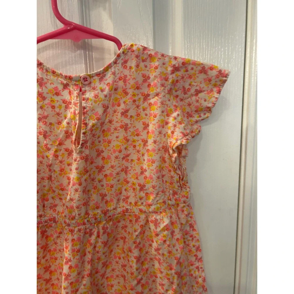 Mini Boden Dress Pink Orange Floral Pom Pom Trim Short‎ Sleeve Girls 5-6Y